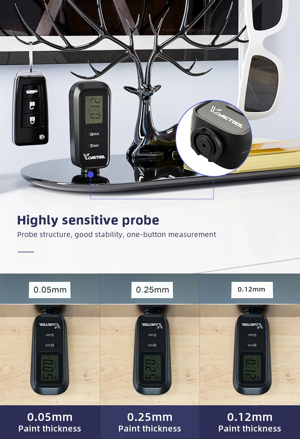 Black plastic automotive paint coating thickness gauge with digital display measuring 38 x 87 x 22 mm