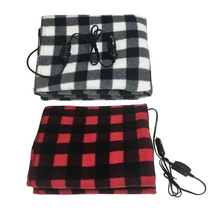 12V car heating blanket with red black explosion plaid fleece pattern on car seat
