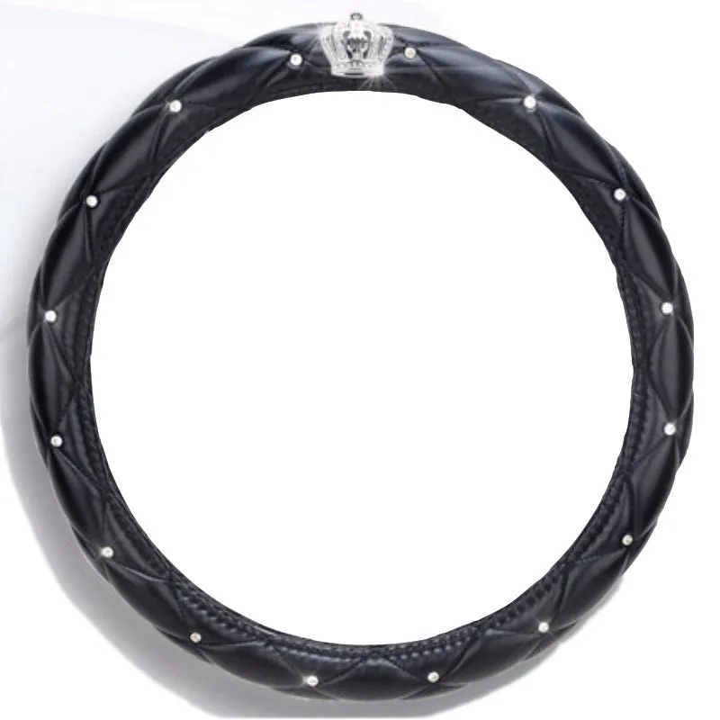 Women's diamond steering wheel cover with 5A Czech rhinestones on PU leather in black colour variant