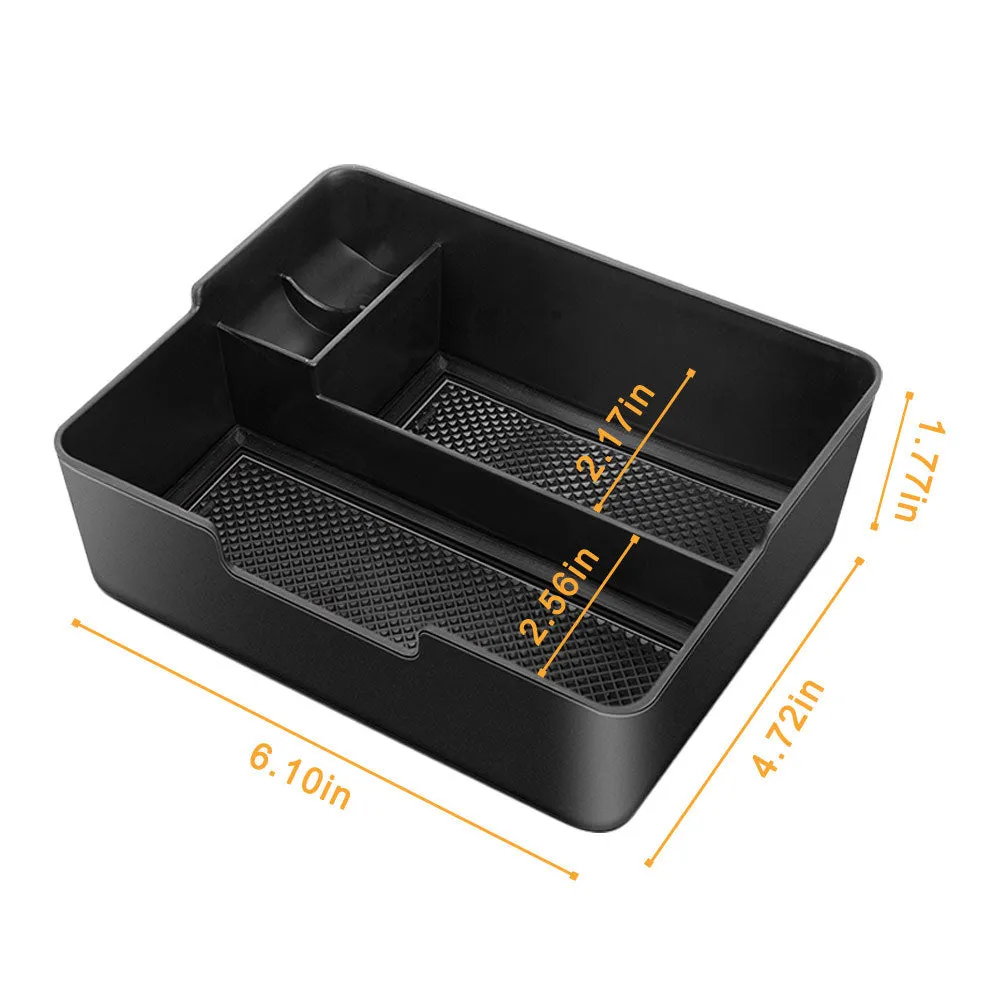 Black ABS plastic car seat central storage box measuring 170 x 130 x 55mm