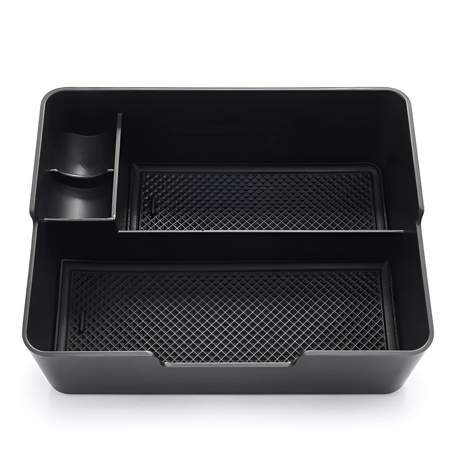 Black ABS plastic car seat central storage box measuring 170 x 130 x 55mm