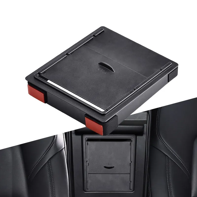 Black ABS plastic car seat central storage box measuring 170 x 130 x 55mm