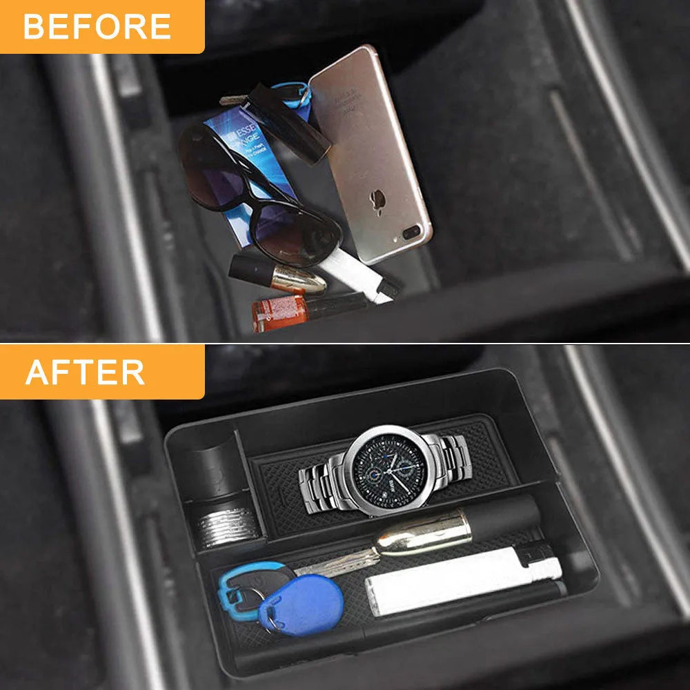 Black ABS plastic car seat central storage box measuring 170 x 130 x 55mm