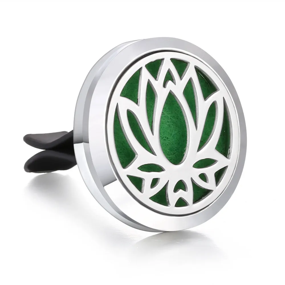 Round stainless steel car air vent perfume clip in steel colour option with love pattern, 30mm outer diameter
