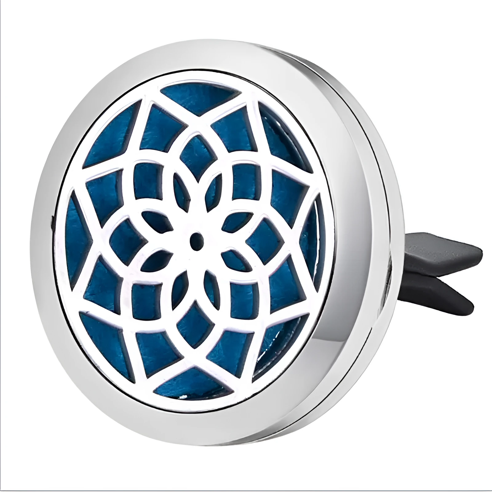 Round stainless steel car air vent perfume clip in steel colour option with love pattern, 30mm outer diameter