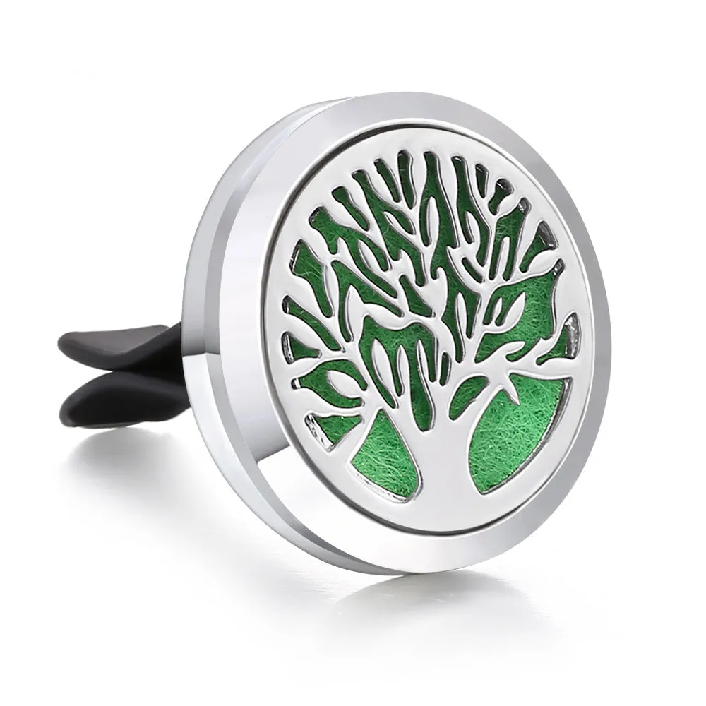 Round stainless steel car air vent perfume clip in steel colour option with love pattern, 30mm outer diameter