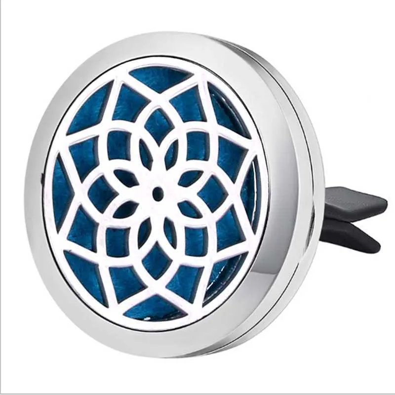 Round stainless steel car air vent perfume clip in steel colour option with love pattern, 30mm outer diameter