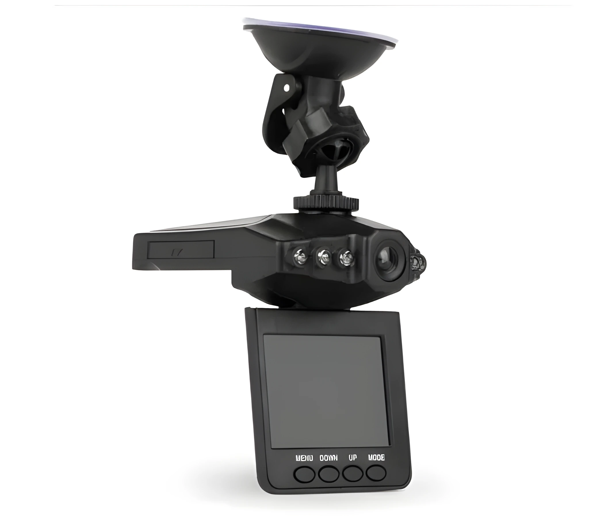 Black HD driving recorder with 120° wide-angle lens and 3MP sensor mounted on car windshield