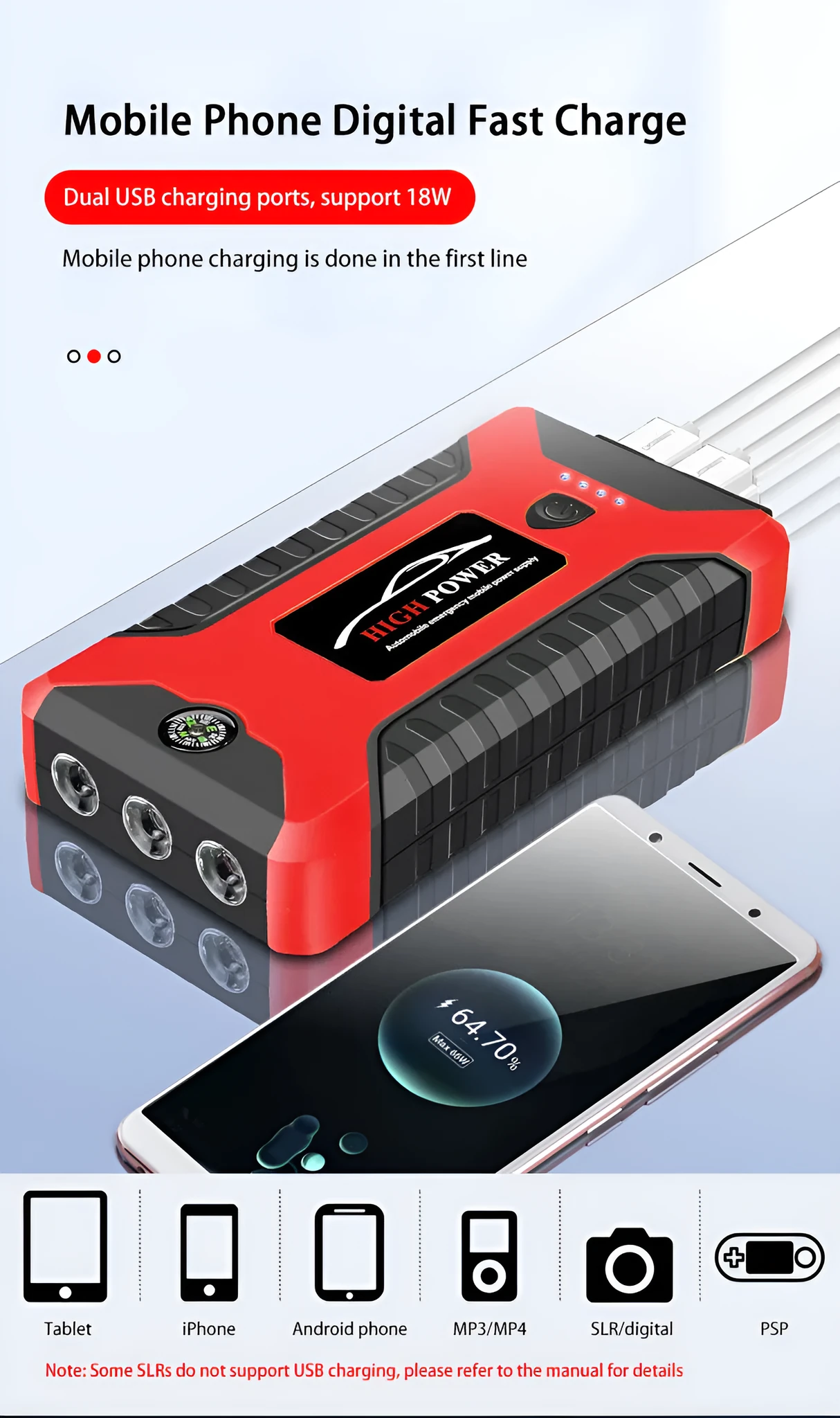 Red car emergency starter power bank 20000mAh with SOS light and ABS shell