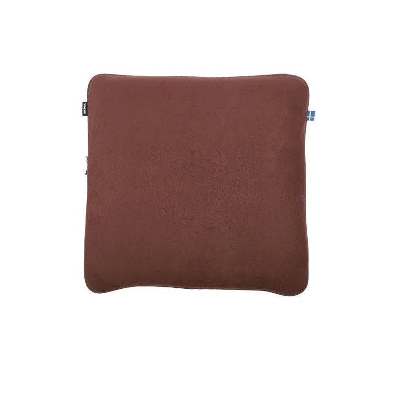Minimalist brown synthetic fibre headrest and lumbar support cushion for a Volvo car seat.