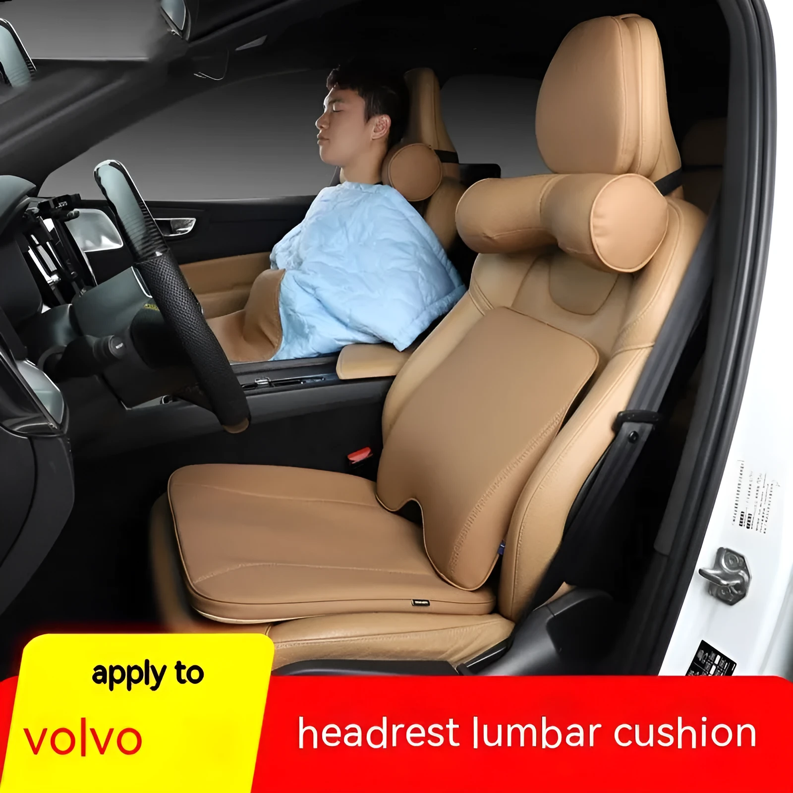 Minimalist brown synthetic fibre headrest and lumbar support cushion for a Volvo car seat.