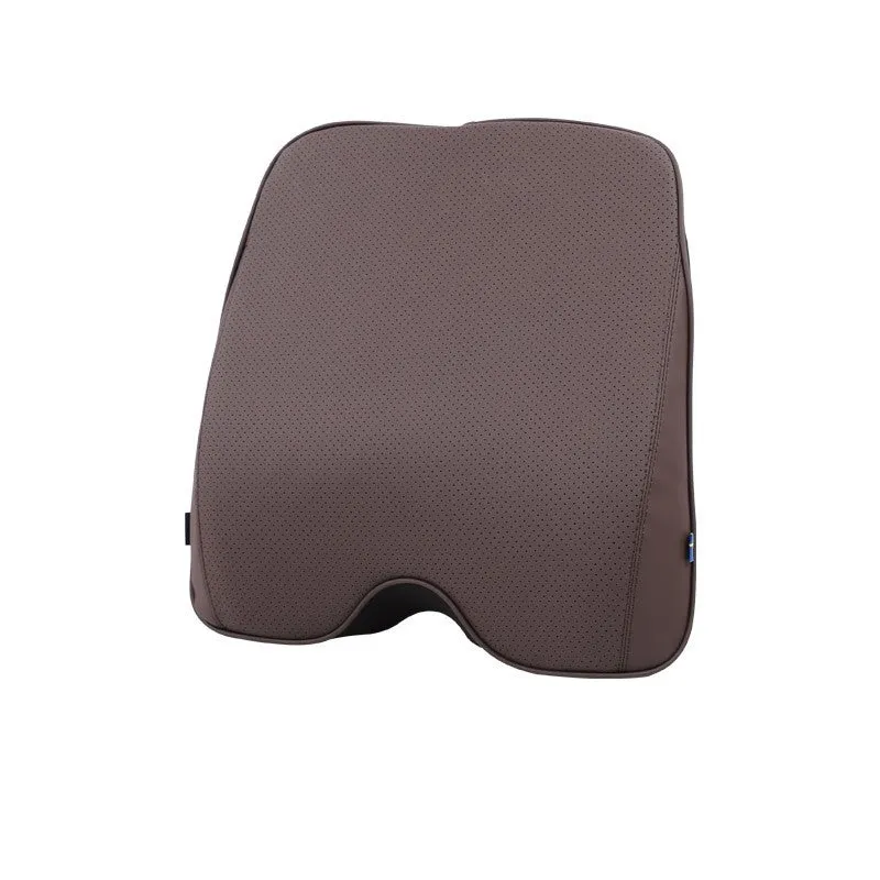 Minimalist brown synthetic fibre headrest and lumbar support cushion for a Volvo car seat.