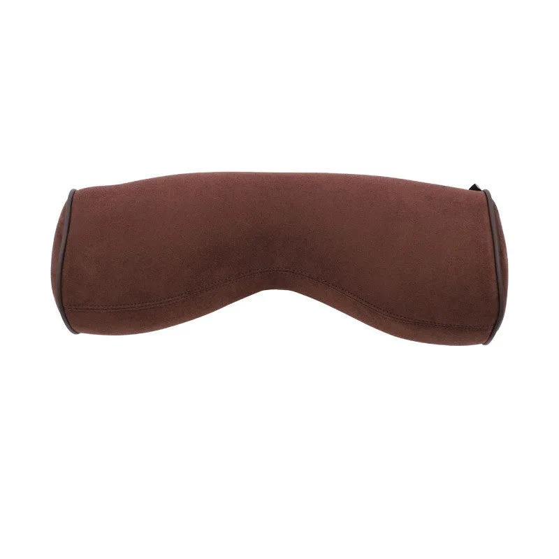 Minimalist brown synthetic fibre headrest and lumbar support cushion for a Volvo car seat.