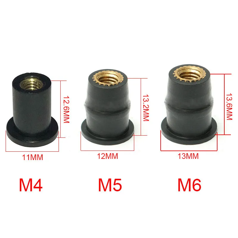 Ten black rubber brass well nut fasteners for motorcycle wind deflector and panel mounting.
