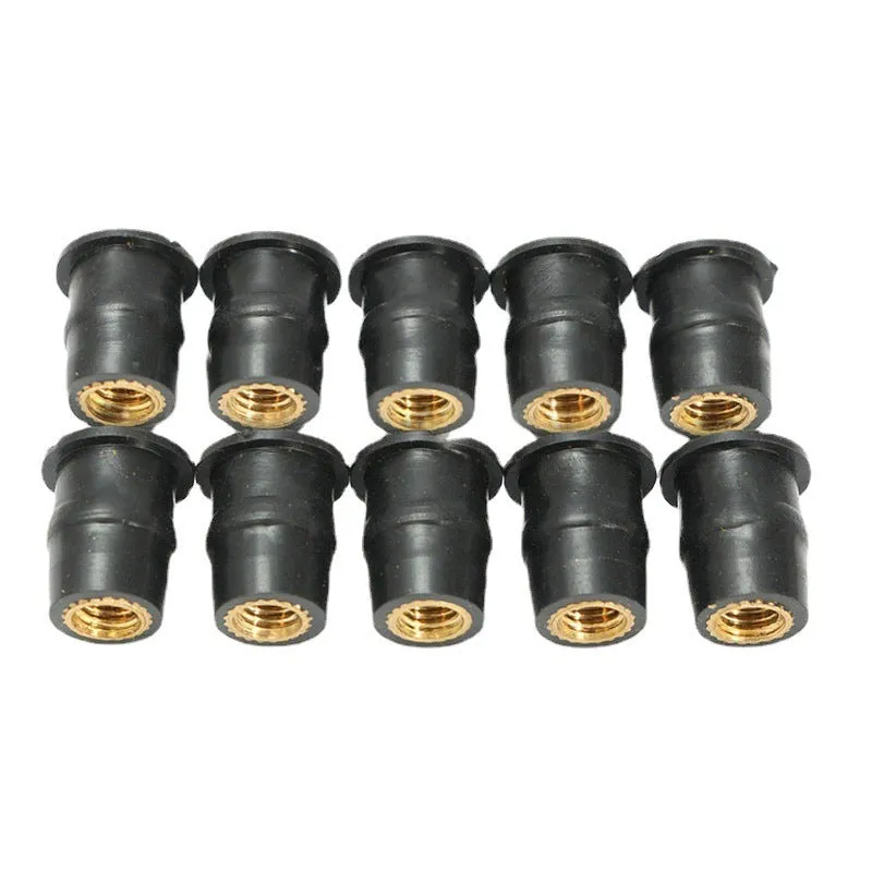 Ten black rubber brass well nut fasteners for motorcycle wind deflector and panel mounting.