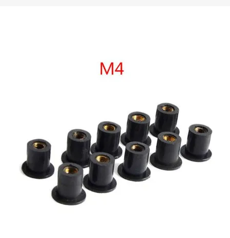 Ten black rubber brass well nut fasteners for motorcycle wind deflector and panel mounting.