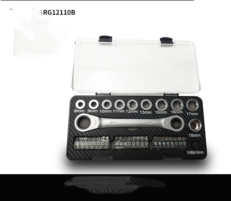 Dual-purpose ratchet wrench and screwdriver set with two-way mechanism, sockets, and bit heads on a workbench.