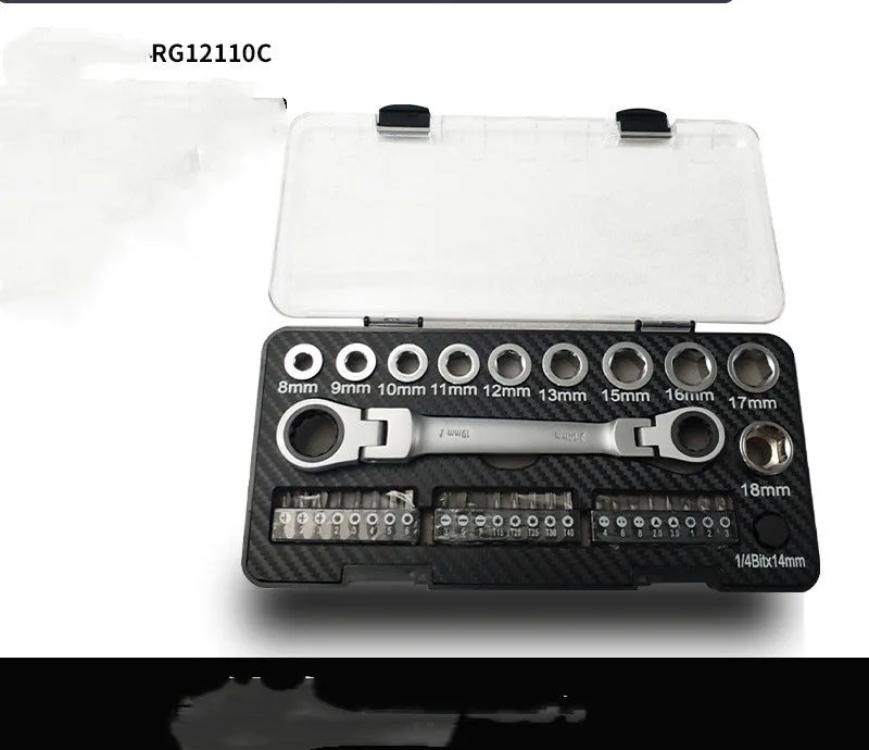 Dual-purpose ratchet wrench and screwdriver set with two-way mechanism, sockets, and bit heads on a workbench.