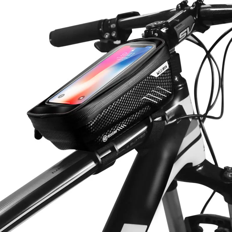 Hard shell bicycle bag in black PU leather mounted on top tube, 1L capacity