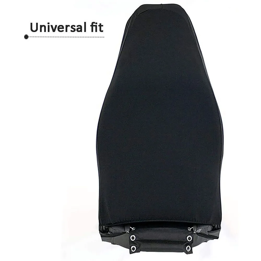 Black polyester car seat cover with elastic straps, foam padding, and rear pocket installed on a car seat