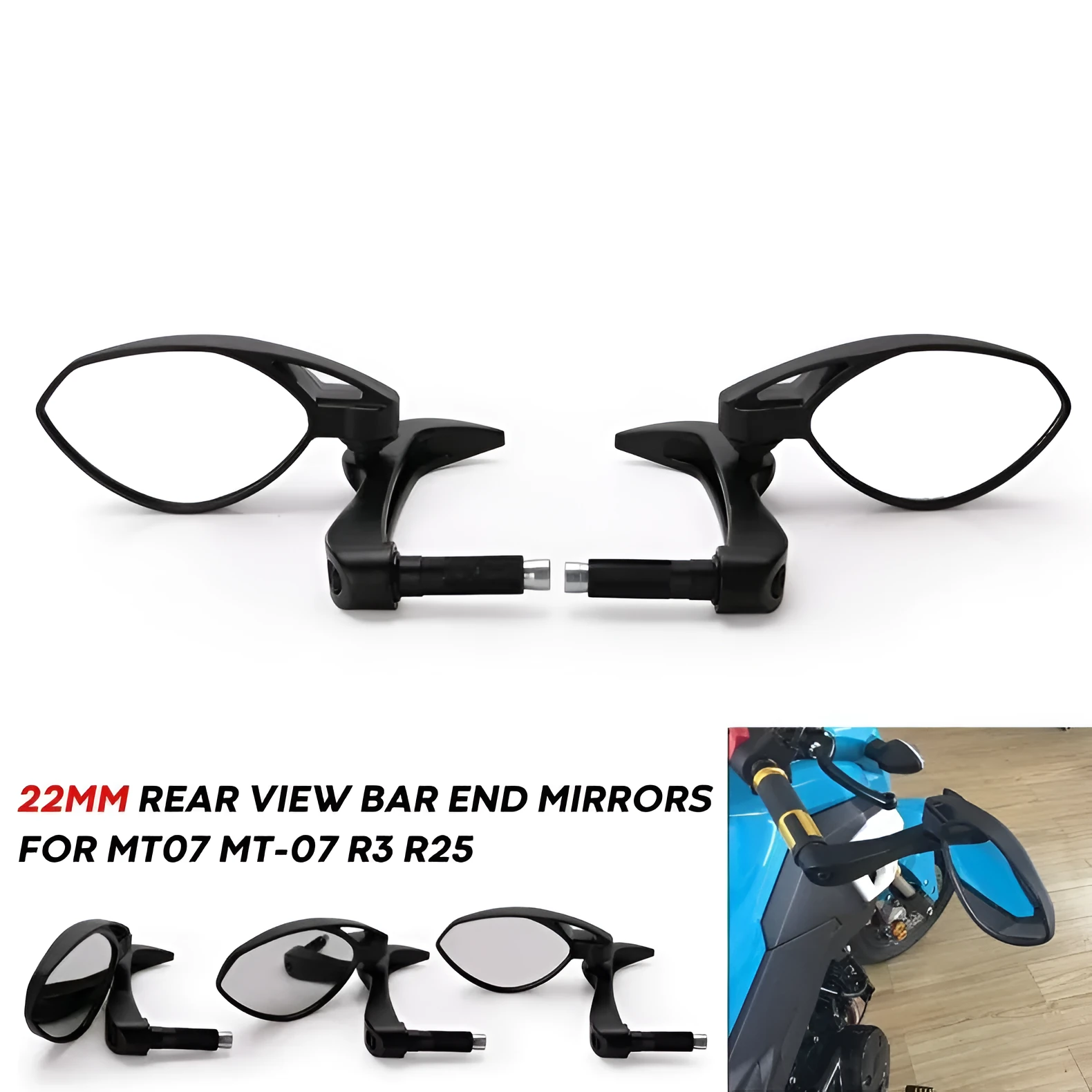Black glass plastic motorcycle secondary side mirror on handlebars