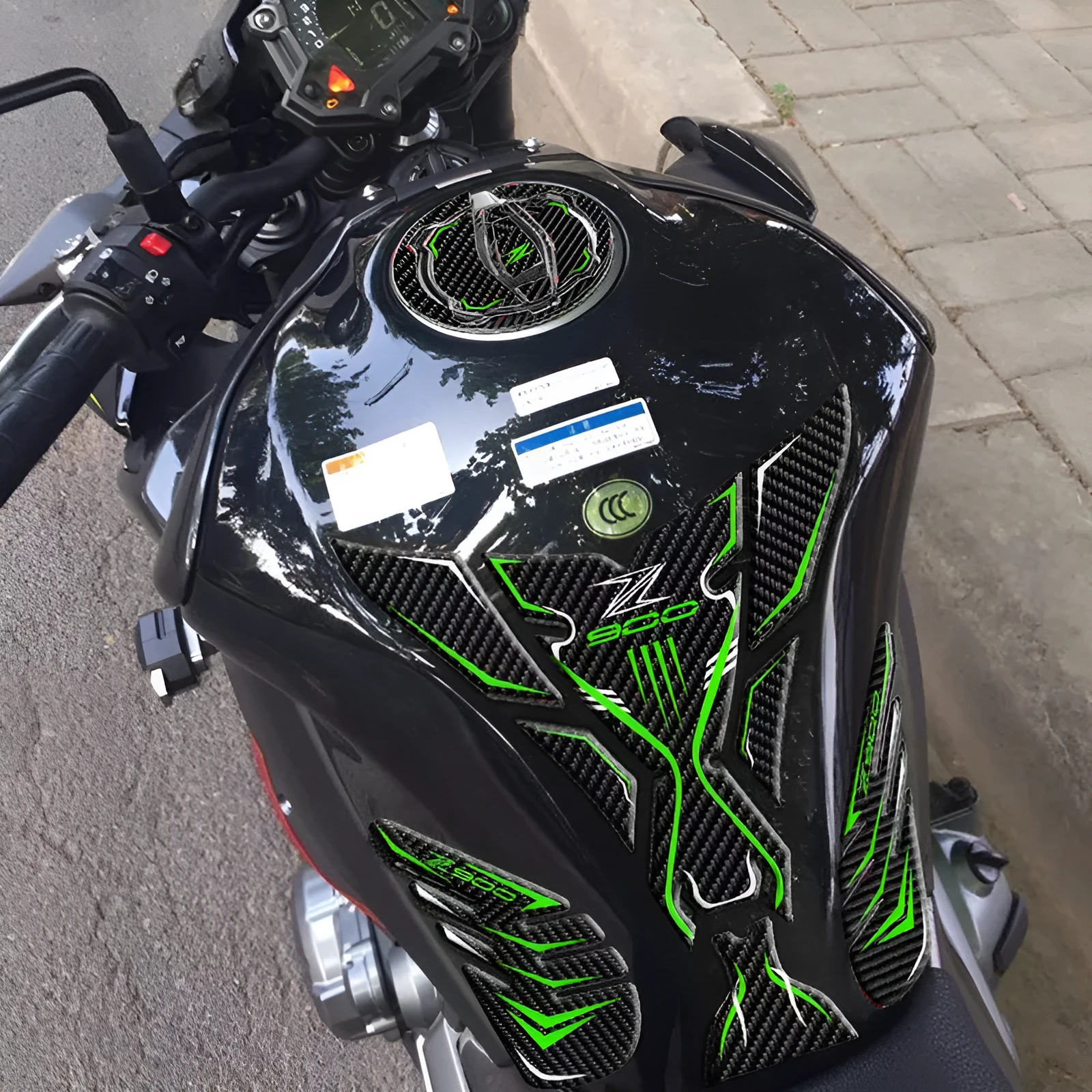 Kawasaki Z900 fuel tank protective stickers in red green and black colours
