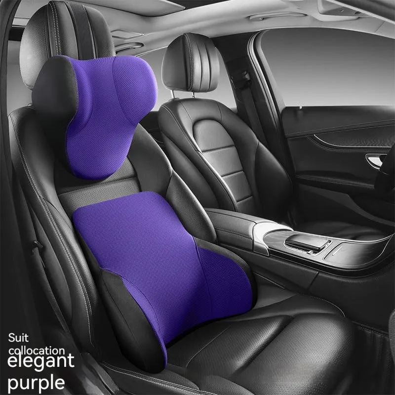 Black memory foam car headrest pillow and lumbar support pillow on a car seat