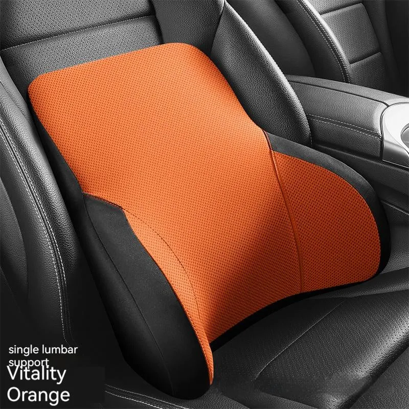 Black memory foam car headrest pillow and lumbar support pillow on a car seat