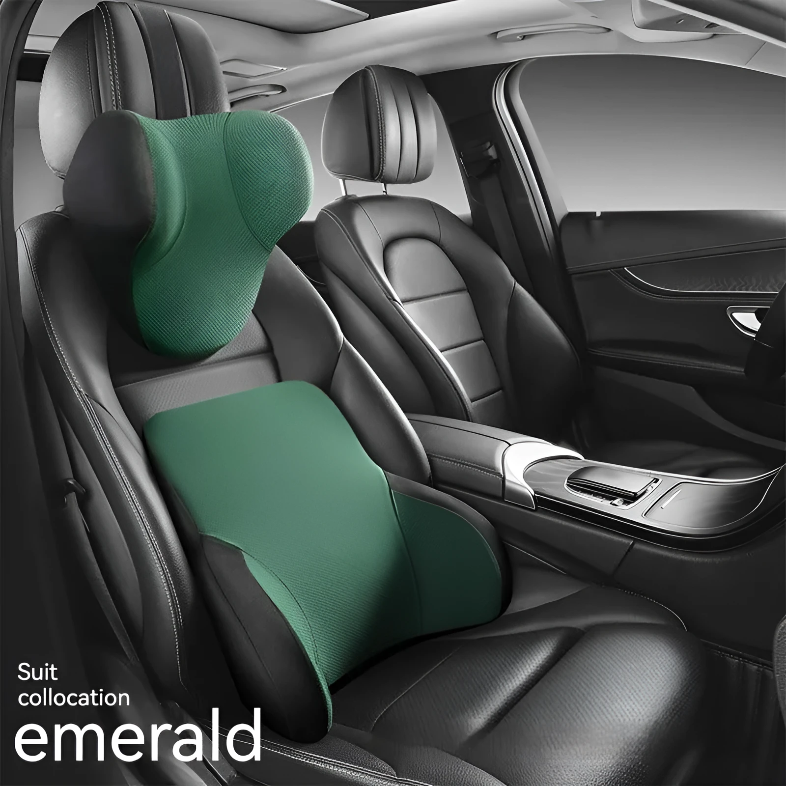 Black memory foam car headrest pillow and lumbar support pillow on a car seat