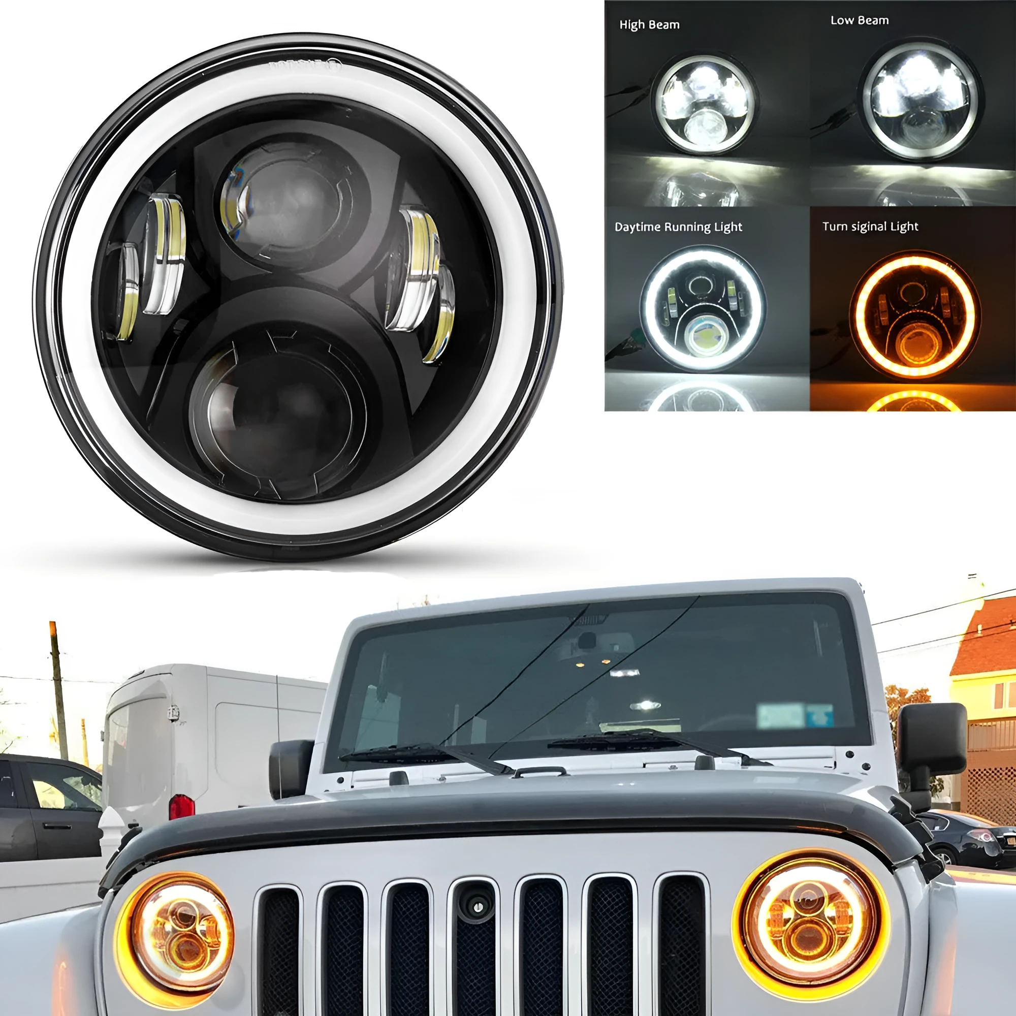 7 inch round LED headlight with angel eyes, black die-cast aluminium housing, polycarbonate lens, 6500K colour temperature