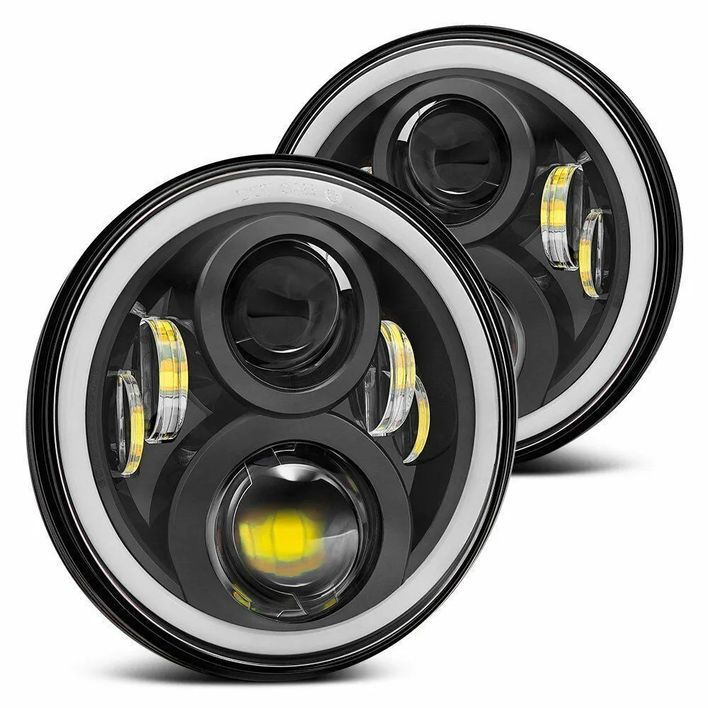 7 inch round LED headlight with angel eyes, black die-cast aluminium housing, polycarbonate lens, 6500K colour temperature