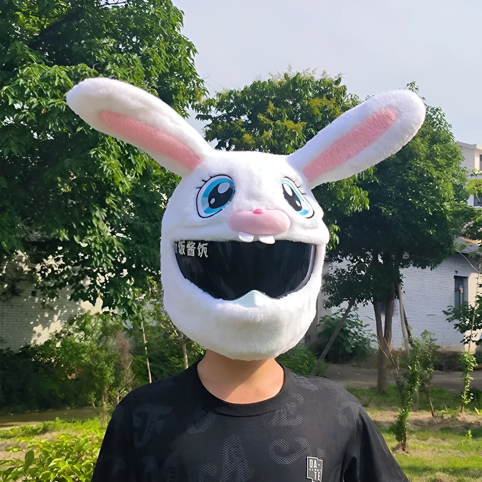 White long-eared rabbit plush helmet cover for electric motorcycles