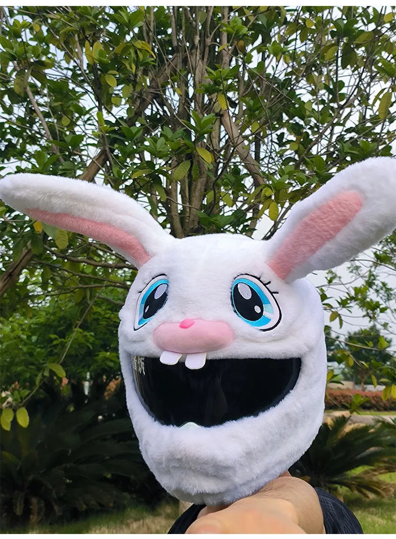 White long-eared rabbit plush helmet cover for electric motorcycles