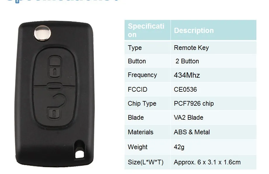 2-button black car key fob with 433MHz ID46 transponder chip for Peugeot 207 307 308