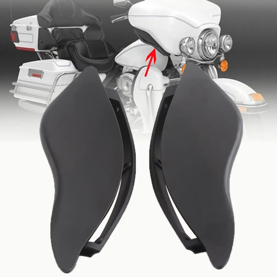 Pair of black ABS plastic windshield side wings for a Harley Davidson Glide motorcycle.