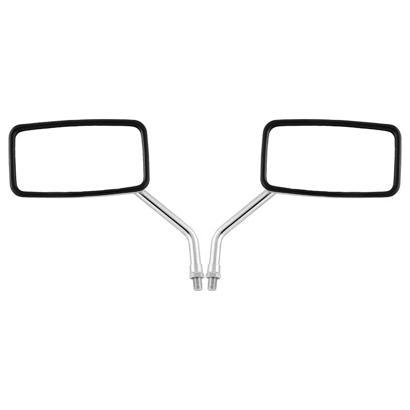 Silver all-metal motorcycle rearview mirror with convex lens on a dark background