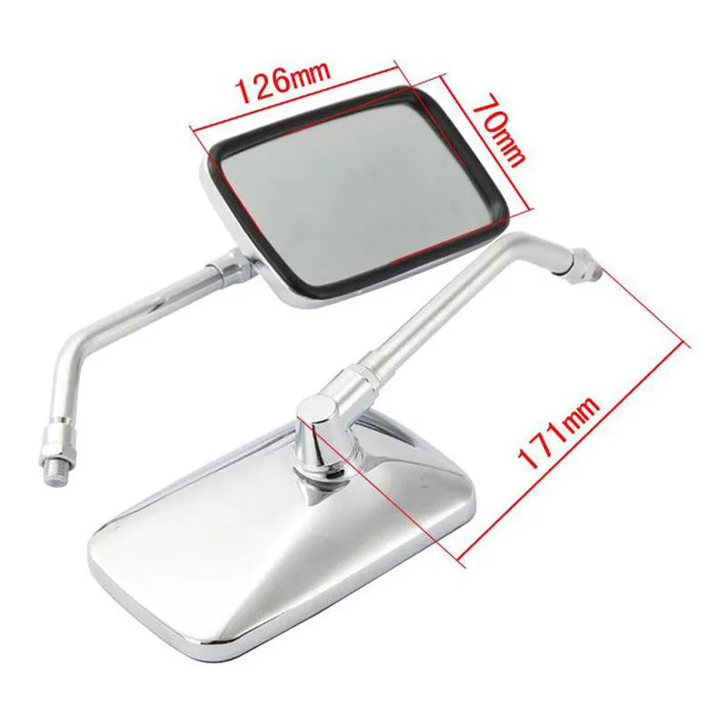 Silver all-metal motorcycle rearview mirror with convex lens on a dark background