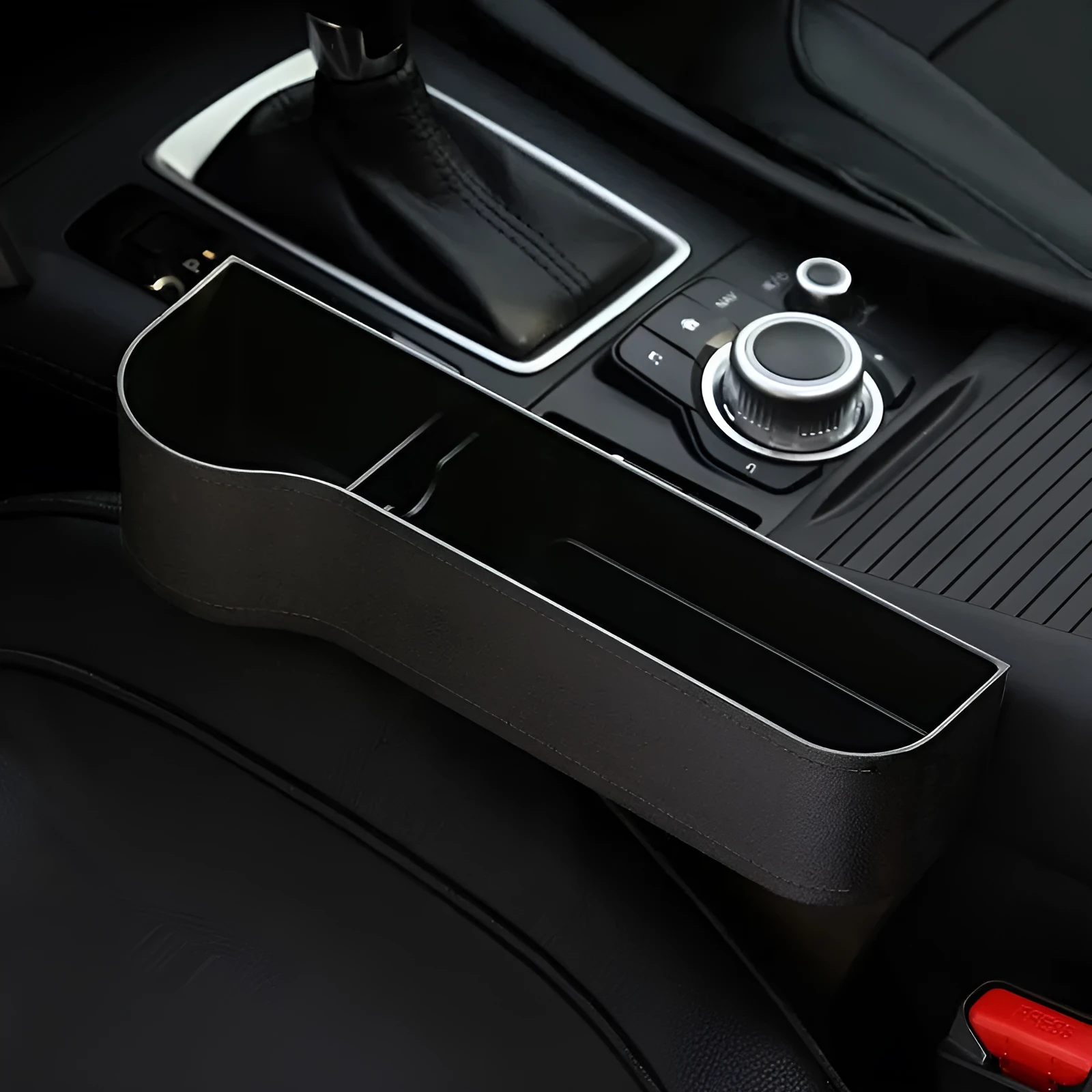 Car seat gap storage box with wireless charging in ABS plastic black for driver side