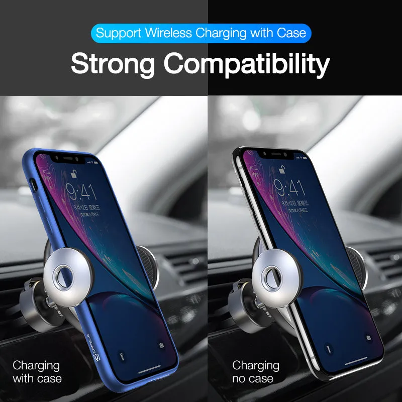Black wireless car charger phone holder with Qi standard, 63-88mm phone width
