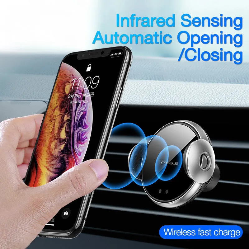 Black wireless car charger phone holder with Qi standard, 63-88mm phone width