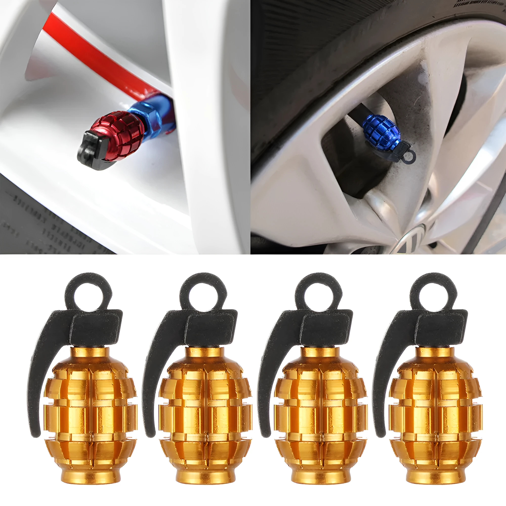 Two car tyre valve caps in blue and gold on a wheel rim