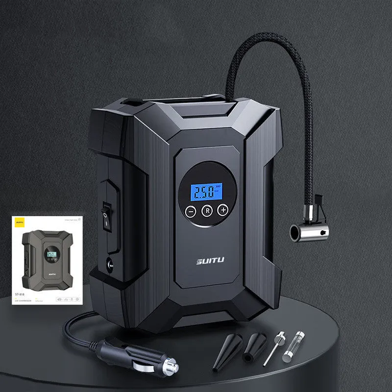 Portable car mini SUV air pump with digital display, LED light, and 300cm power cord