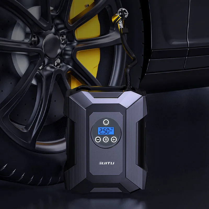 Portable car mini SUV air pump with digital display, LED light, and 300cm power cord