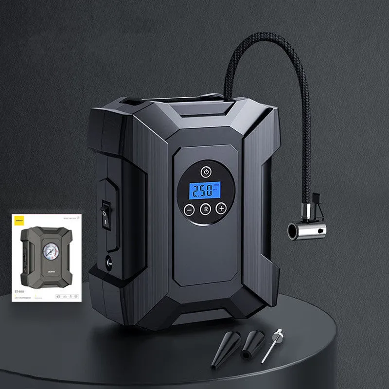 Portable car mini SUV air pump with digital display, LED light, and 300cm power cord