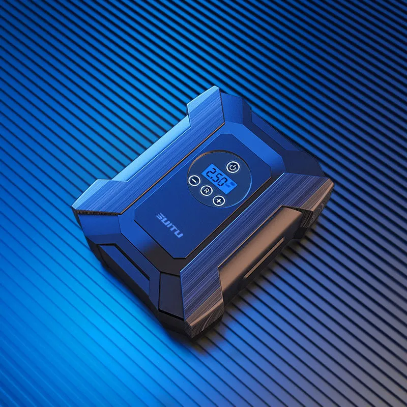 Portable car mini SUV air pump with digital display, LED light, and 300cm power cord