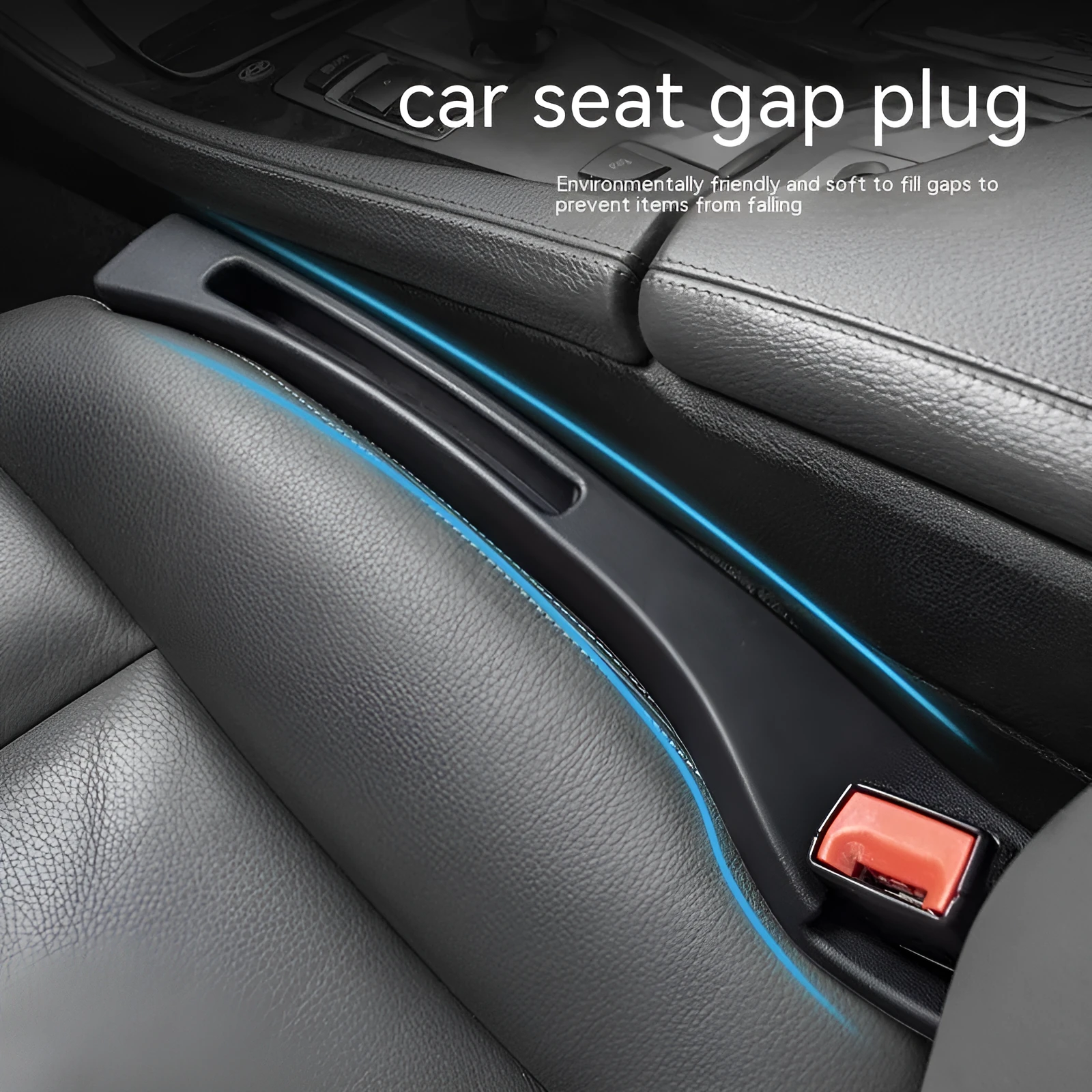 Black plastic car seat gap storage organiser box with handle between vehicle seats