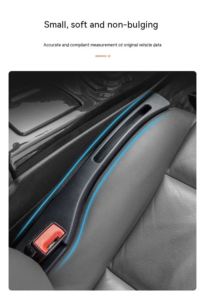 Black plastic car seat gap storage organiser box with handle between vehicle seats