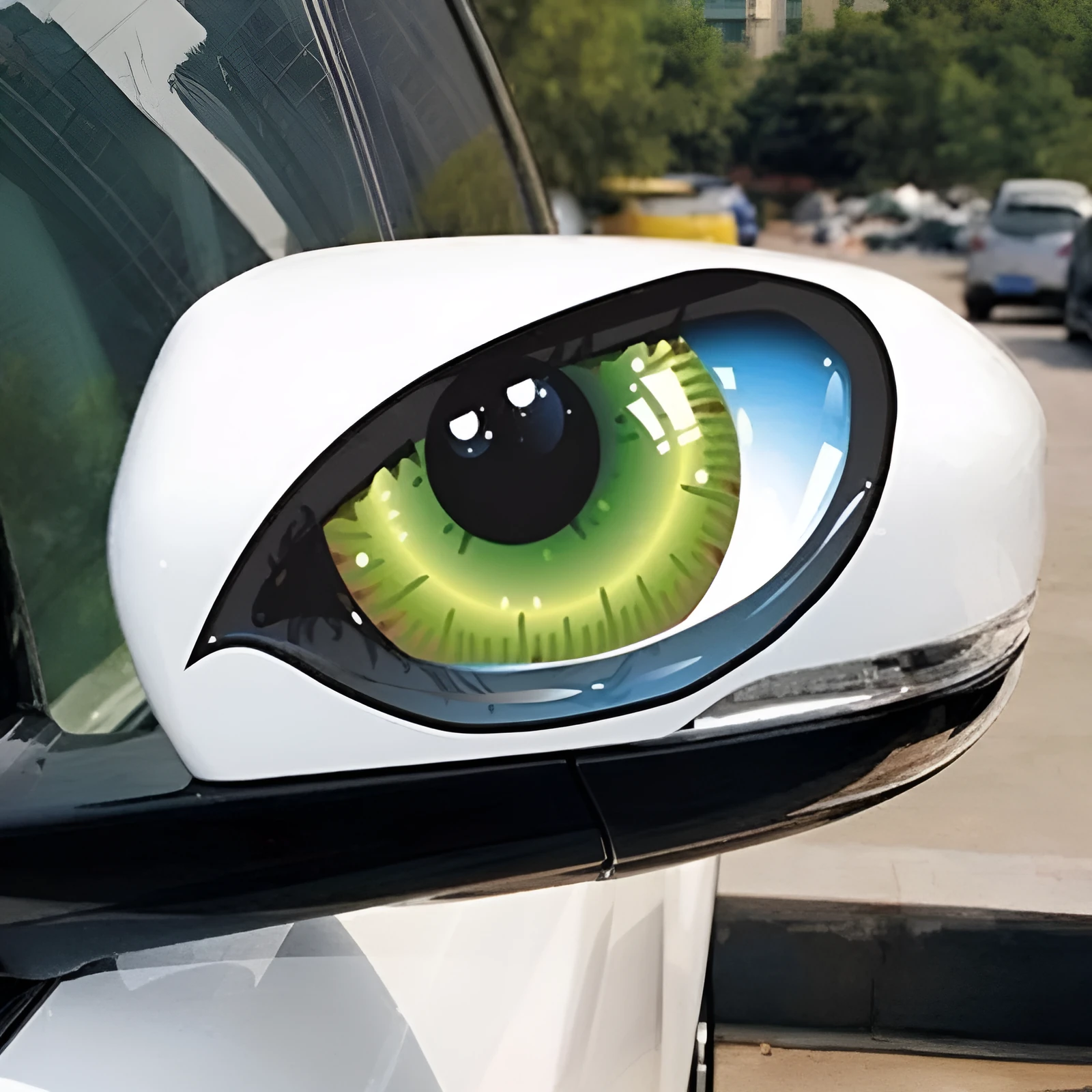 Green self-adhesive car rearview mirror sticker with three-dimensional cat eye design, 12x10cm