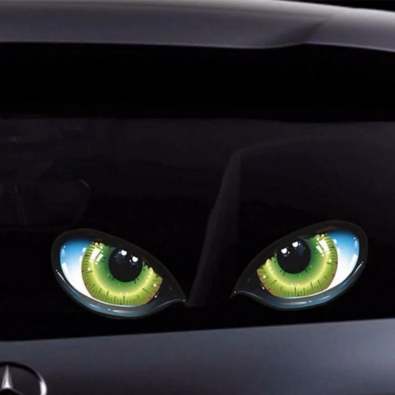 Green self-adhesive car rearview mirror sticker with three-dimensional cat eye design, 12x10cm