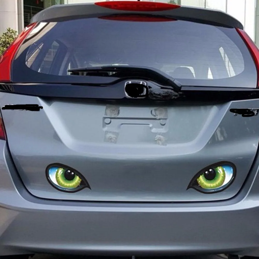 Green self-adhesive car rearview mirror sticker with three-dimensional cat eye design, 12x10cm